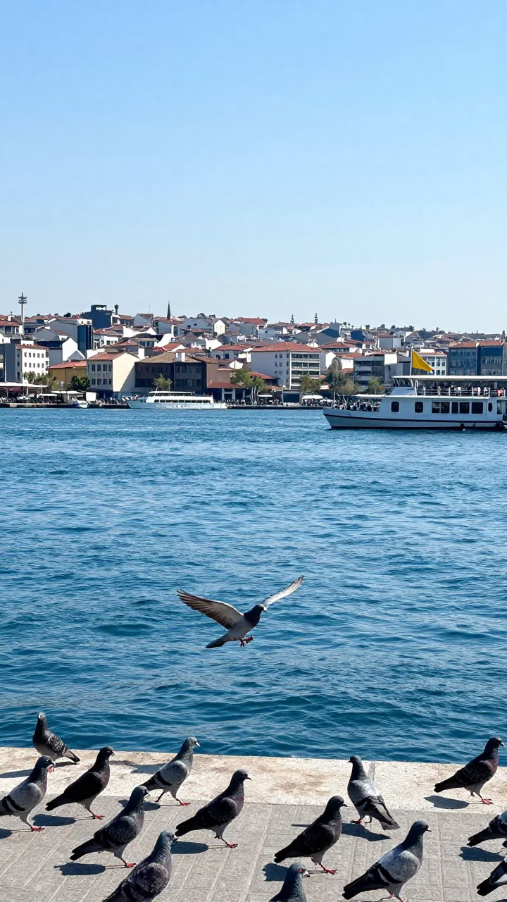 Noon Sunlight Over Izmir Turkey Harbor Waterfront and Pigeons in in Izmir, Turkey