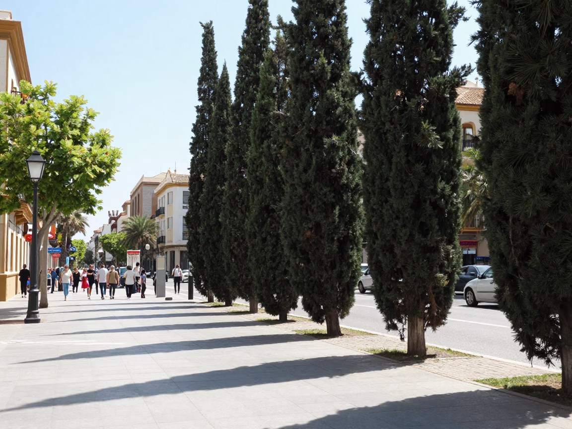 Noon Sunlight Over Valencia Spain Street Scene with Cypress Trees and Urban Life in in Valencia, Spain