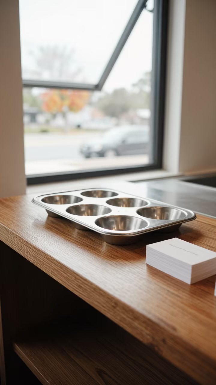Noon Tea Setup with Muffin Tin and Place Cards in on a cafe table by a window in Tampa