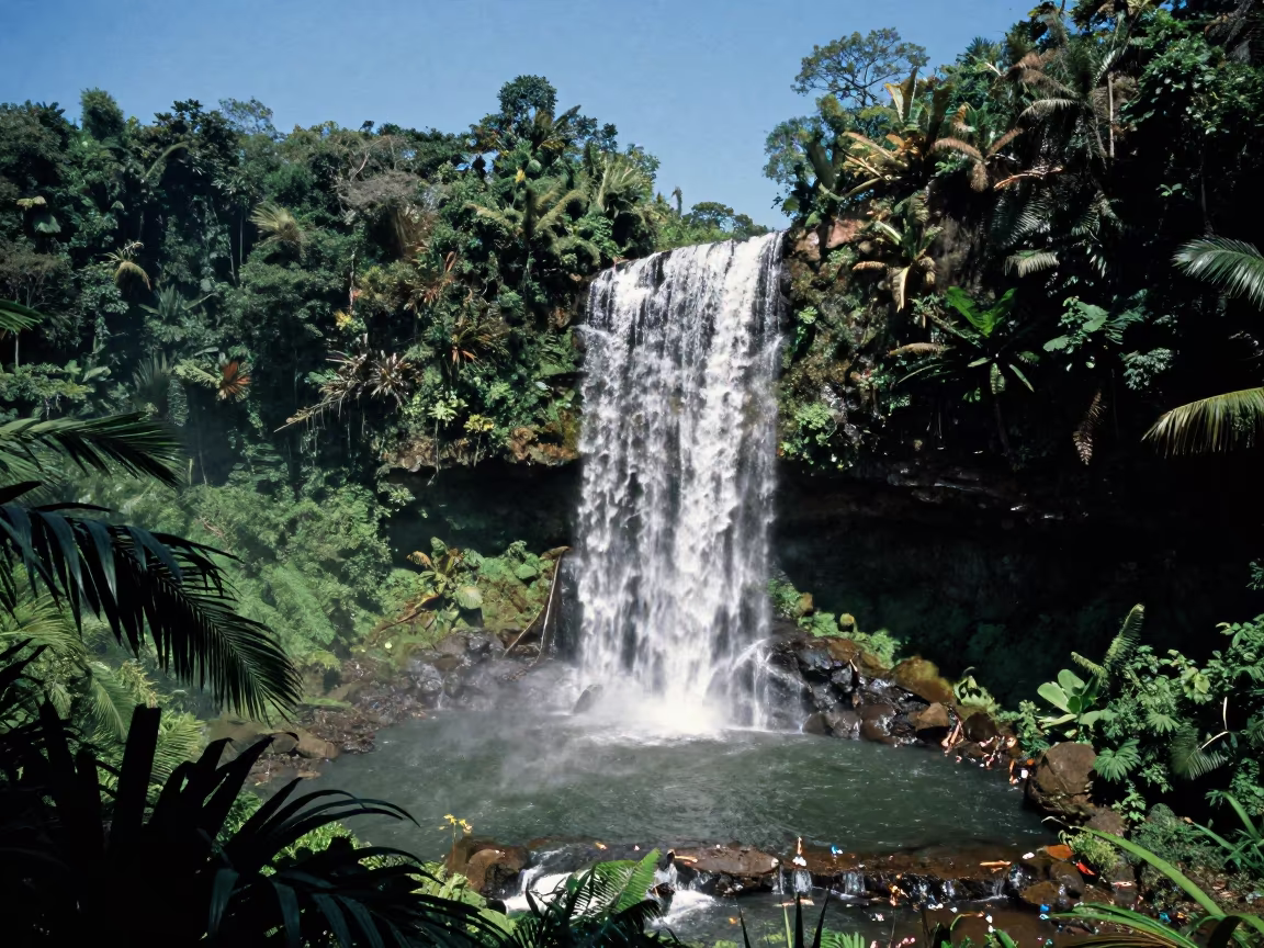 Noon Sunlight on Tropical Waterfall Valley in across a wide valley floor near Salvador
