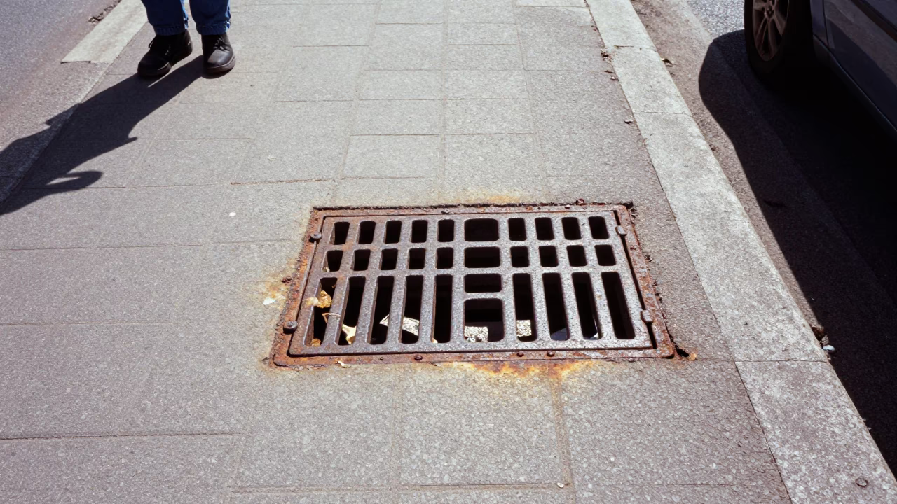 Noonlight Durban South Africa Street Scene with Rusty Drain and Grease Sheen in in Durban, South Africa