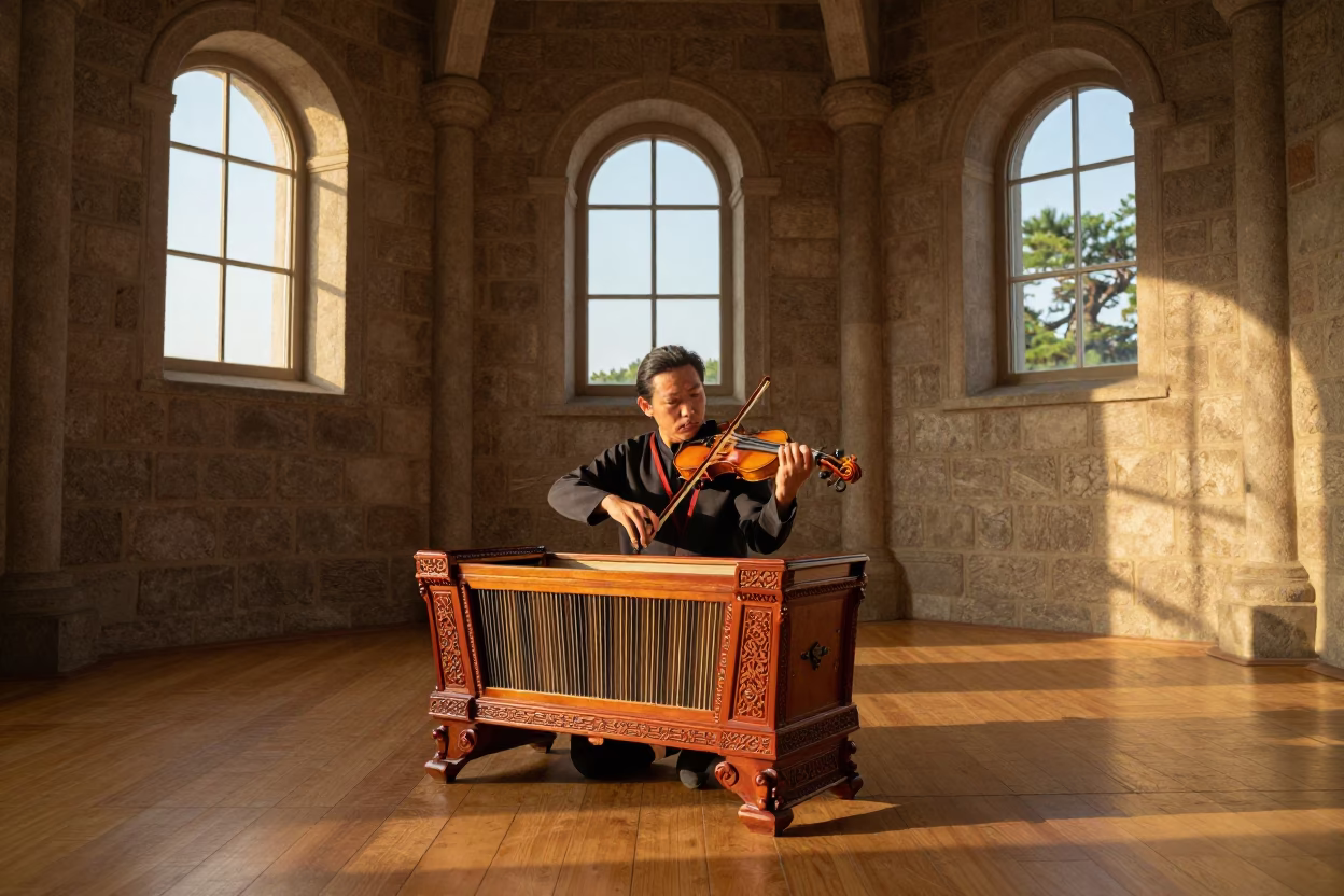Nordic Musician Plays Hardingfele at Fjord at Sunset in in a prayer hall near Daegu