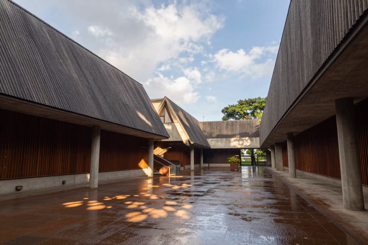 Nordic Stave Building in Curitiba Concrete Lobby in inside a ribbed concrete lobby in Curitiba