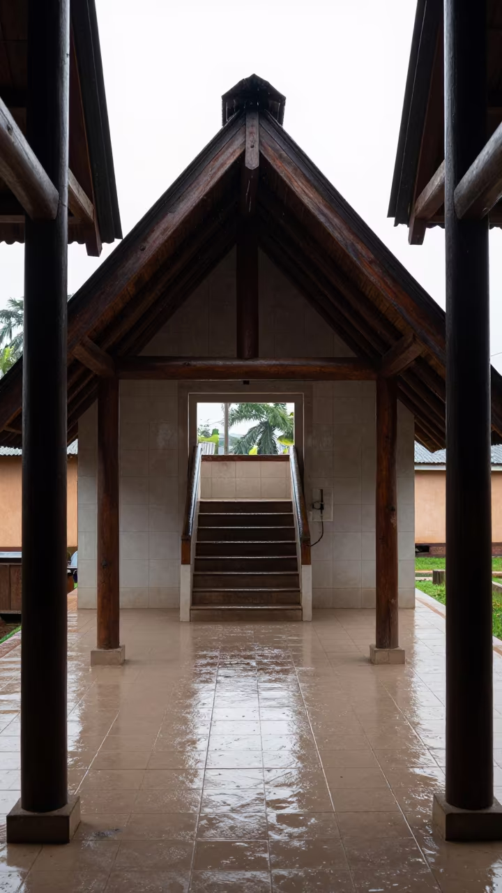 Nordic Stave Hall in Ibadan Tiled Staircase in inside a tiled stair hall in Ibadan