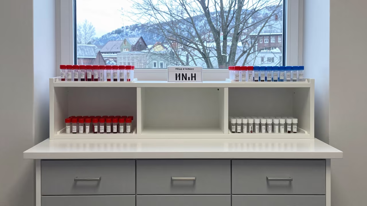 Nordnes Clinic Phlebotomy Shelf With Tubes in inside an imaging suite near Nordnes, Bergen