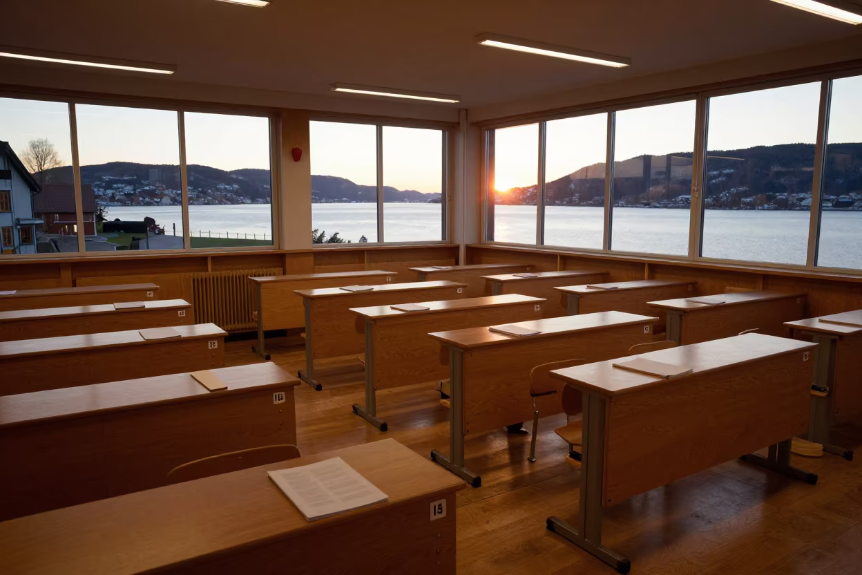 Nordnes Exam Desk Golden Hour in in a lecture hall before the crowd arrives in Nordnes, Bergen
