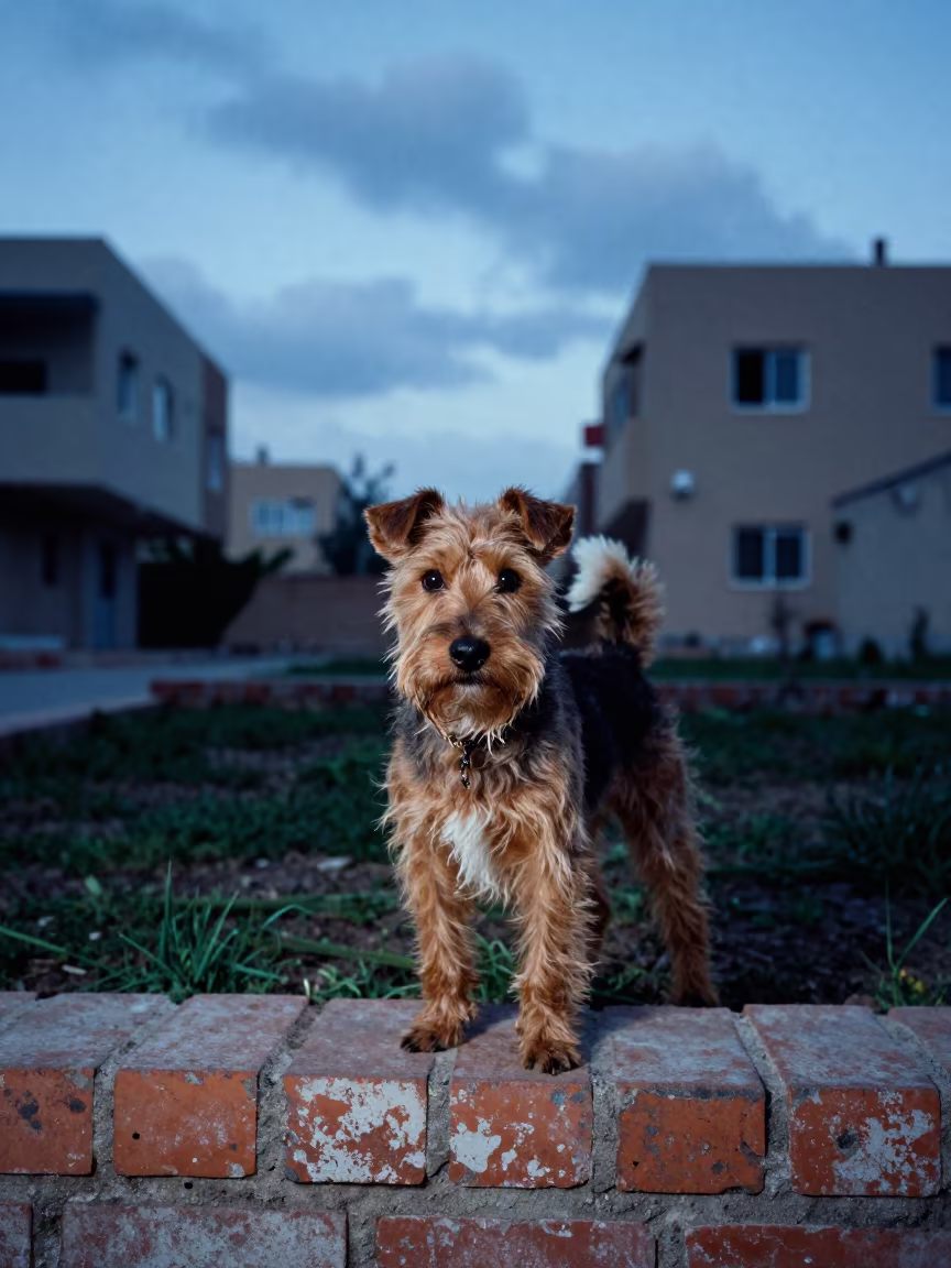 Norfolk Terrier in Kuwait City Yard at Blue Hour in in a small yard with clipped grass, calm light, and the animal centered in frame in Kuwait City
