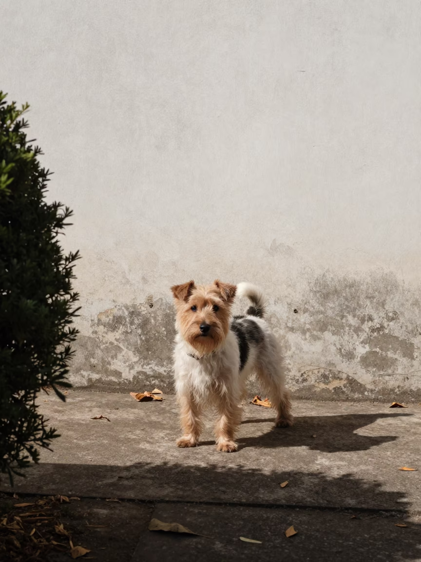 Norfolk Terrier in Lived-In Courtyard Near Vehari in beside a plain courtyard wall in clear daylight with the animal at eye level near Vehari