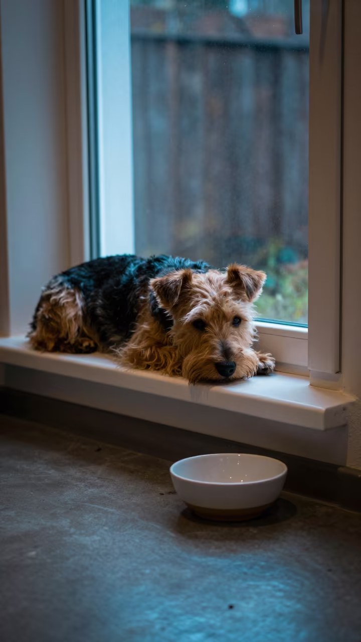 Norfolk Terrier on Window Seat in Tamale in on a window seat in a quiet apartment with soft side light in Tamale