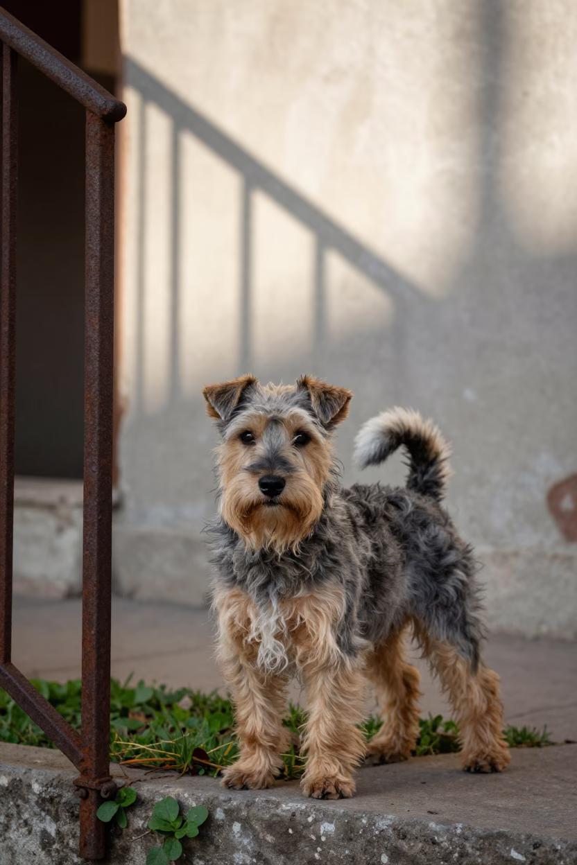 Norfolk Terrier Portrait at Garden Edge in near a garden edge with soft morning light and an uncluttered background in Santiago de los Caballeros