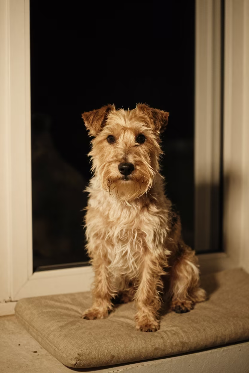 Norfolk Terrier Portrait on Dar es Salaam Window Seat in on a cushioned window seat with soft side light and an uncluttered background in Dar es Salaam