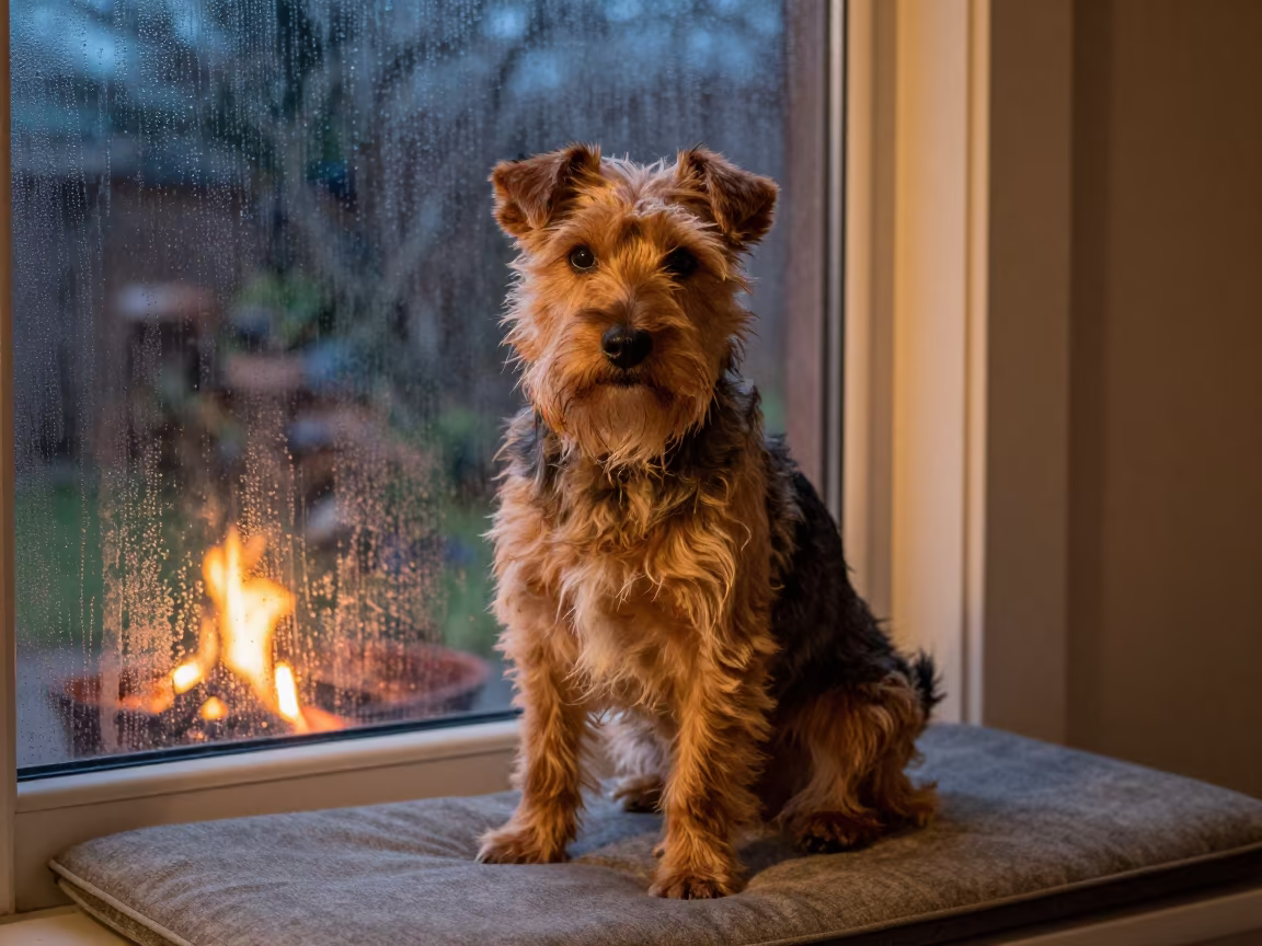 Norfolk Terrier Portrait on Window Seat in Rainy Night in on a cushioned window seat with soft side light and an uncluttered background in Ile Ife