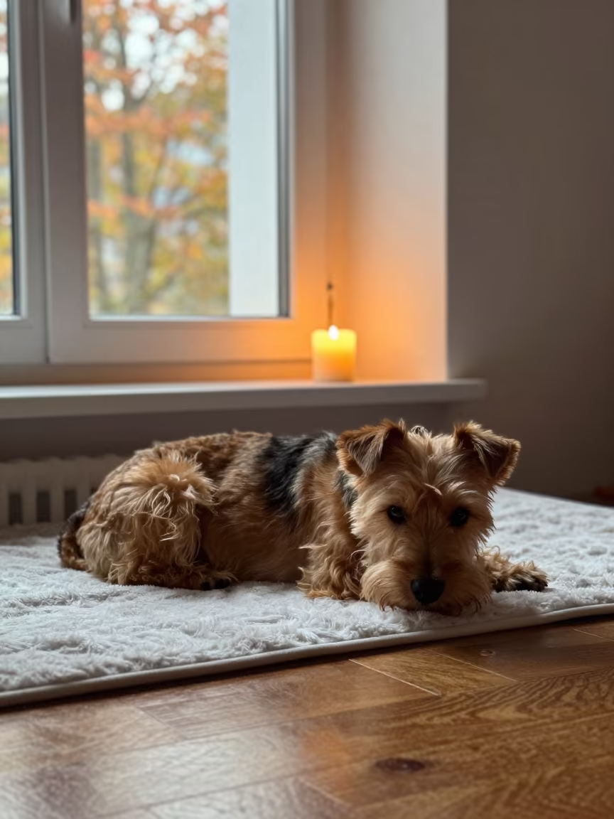 Norfolk Terrier Resting on Bedspread Near Window in on a bedspread near a bright window with calm indoor light in Istanbul