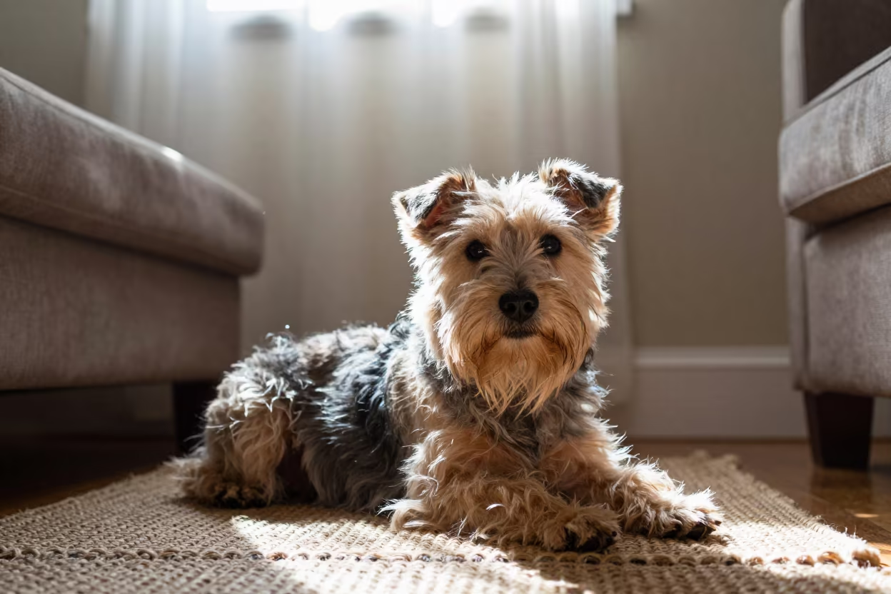 Norfolk Terrier Resting on Rug in Tikrit Home in on a woven rug beside a low couch and an uncluttered wall in Tikrit