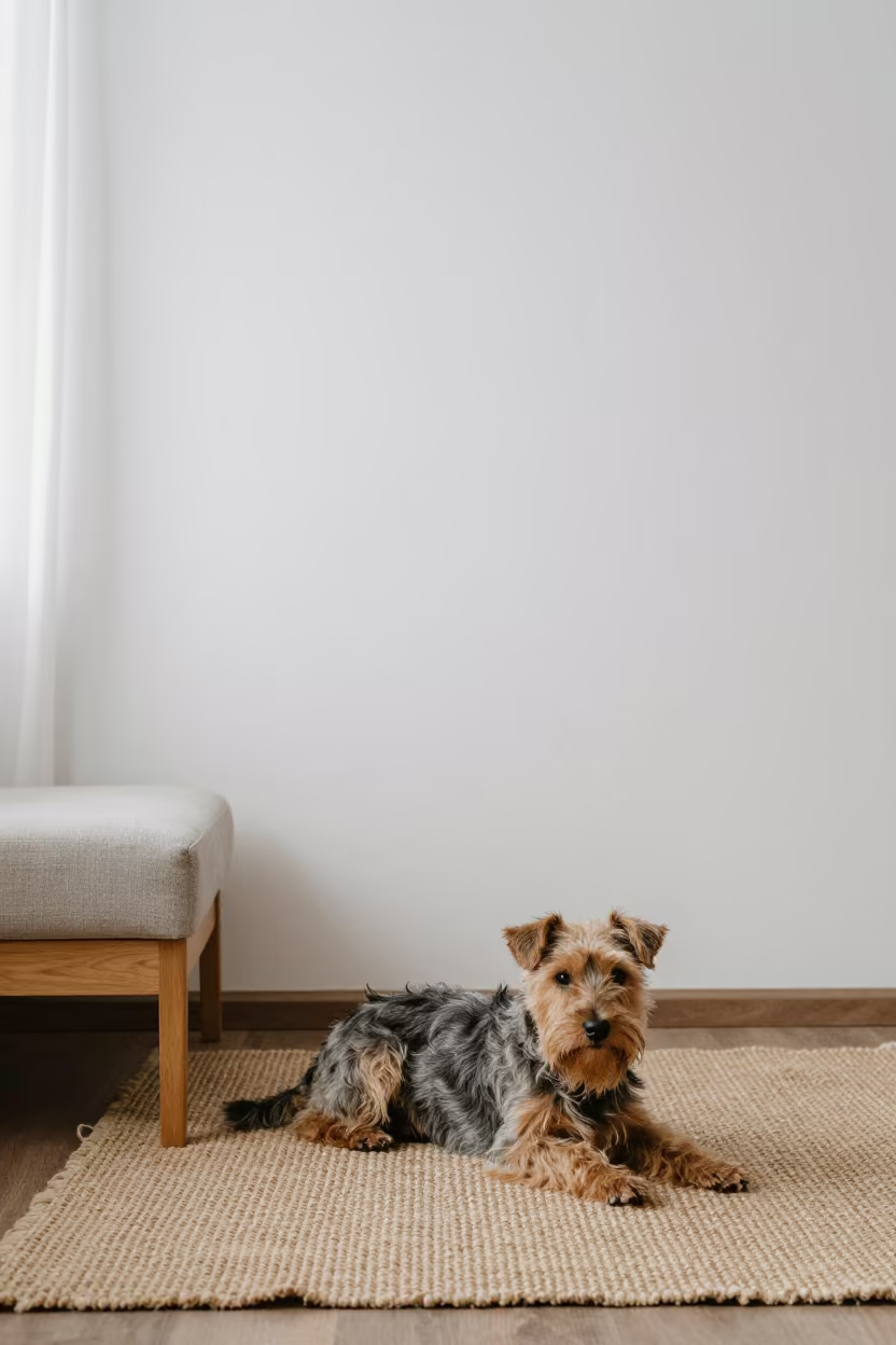Norfolk Terrier Resting on Woven Rug in Sanaa Home in on a woven rug beside a low couch and an uncluttered wall in Sanaa