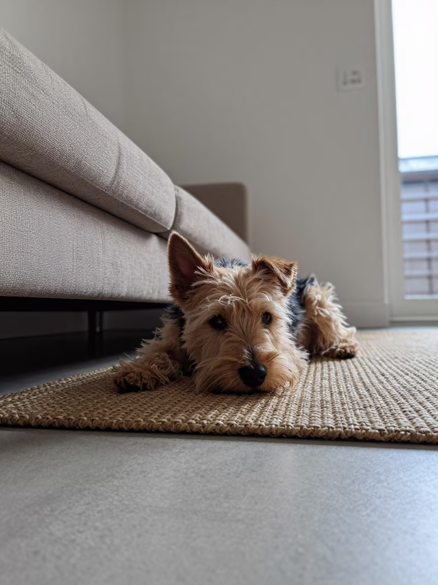 Norfolk Terrier Resting on Woven Rug in on a woven rug beside a low couch and an uncluttered wall near Sokoto