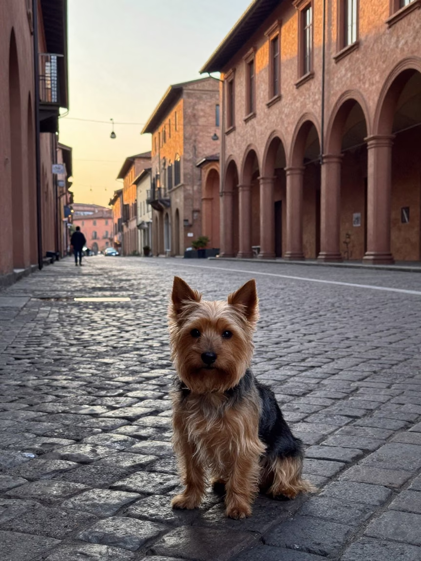 Norfolk Terrier Sitting on Bologna Cobblestones Near Historic Porticoes at Sunrise in in Bologna, Italy