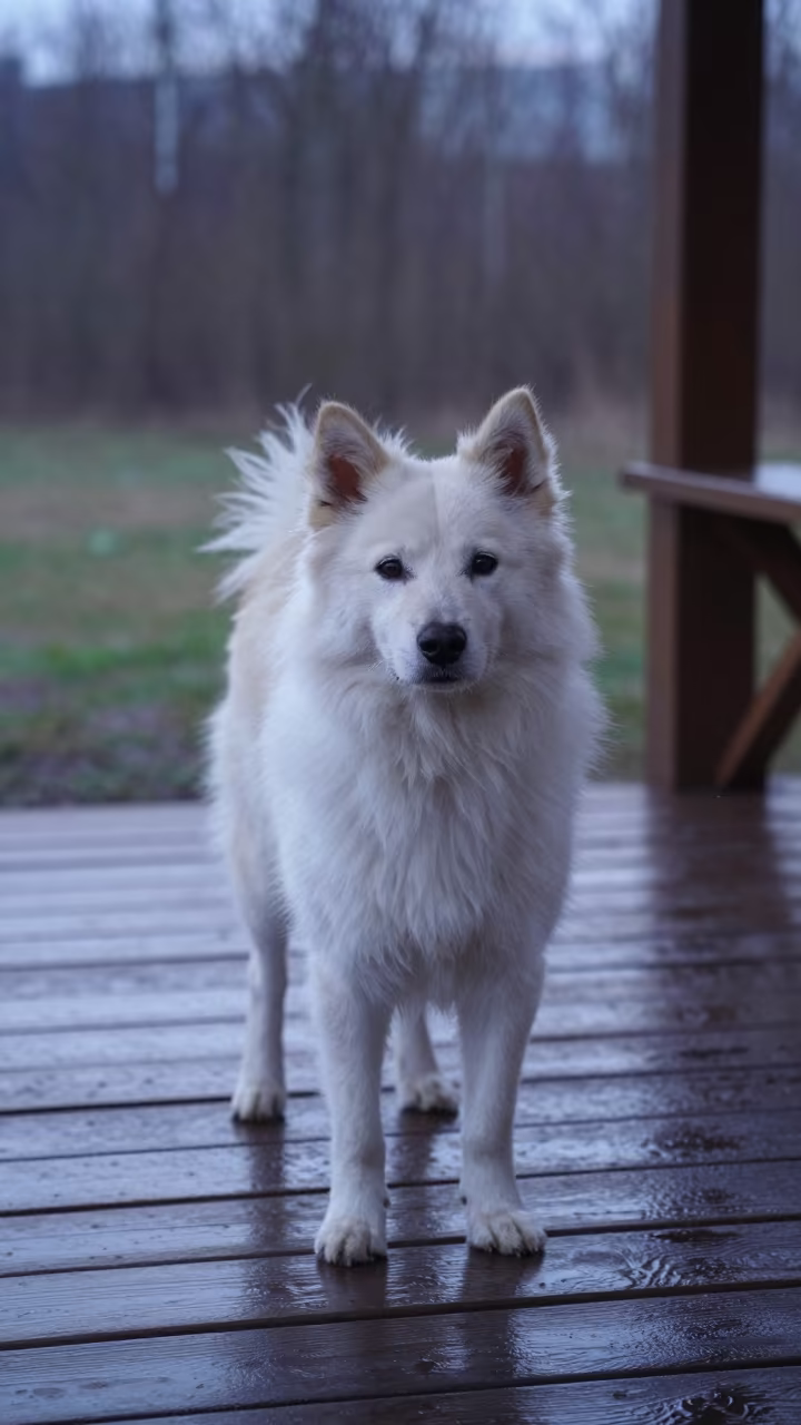 Norrbottenspets Dog on Garden Porch Dawn in near a garden edge with soft morning light and an uncluttered background near Yekaterinburg