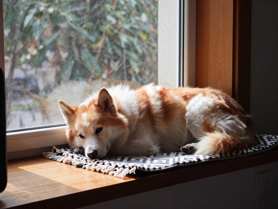 Norrbottenspets on Window Seat in Guilin in on a window seat in a quiet apartment with soft side light in Guilin