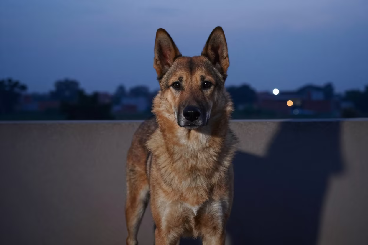 Norrbottenspets Portrait Beside Courtyard Wall in Ghaziabad in beside a plain courtyard wall in clear daylight with the animal at eye level in Ghaziabad