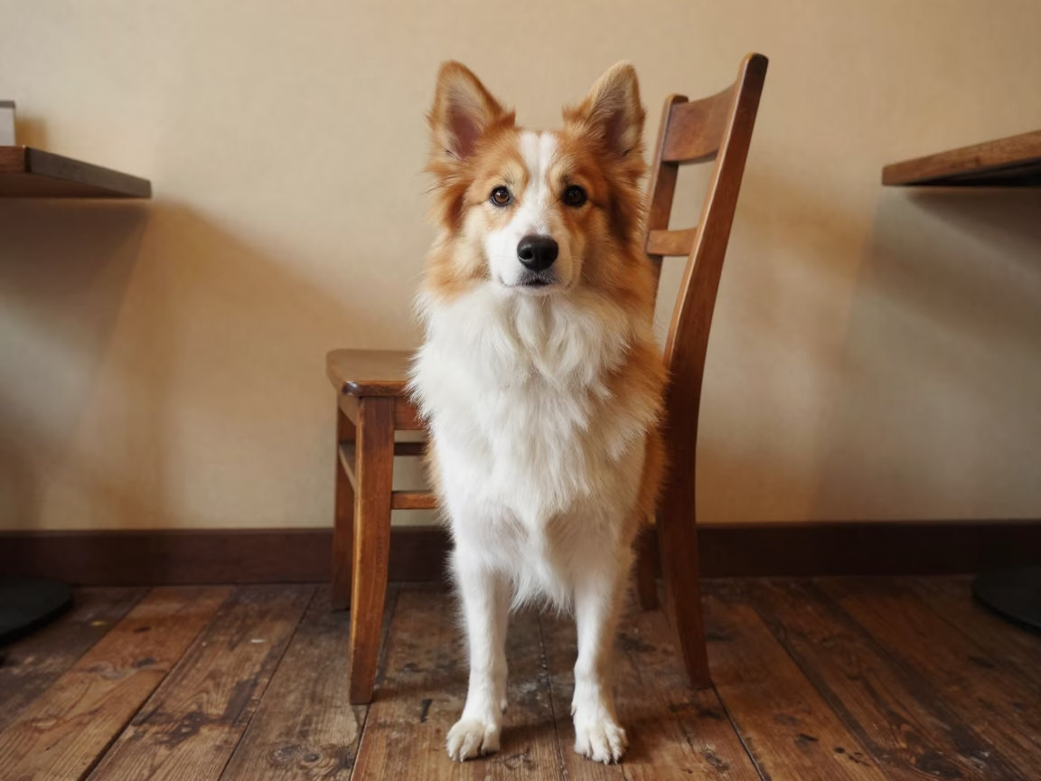 Norrbottenspets Portrait Beside Plaster Wall in beside a plain plaster wall in soft indoor light with the animal centered in frame in Yola