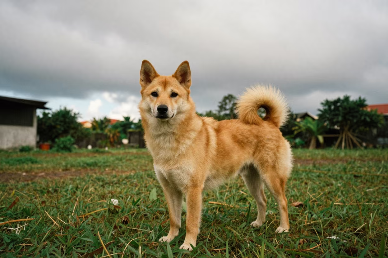 Norrbottenspets Portrait in Da Nang Yard in in a small yard with clipped grass, calm light, and the animal centered in frame in Da Nang