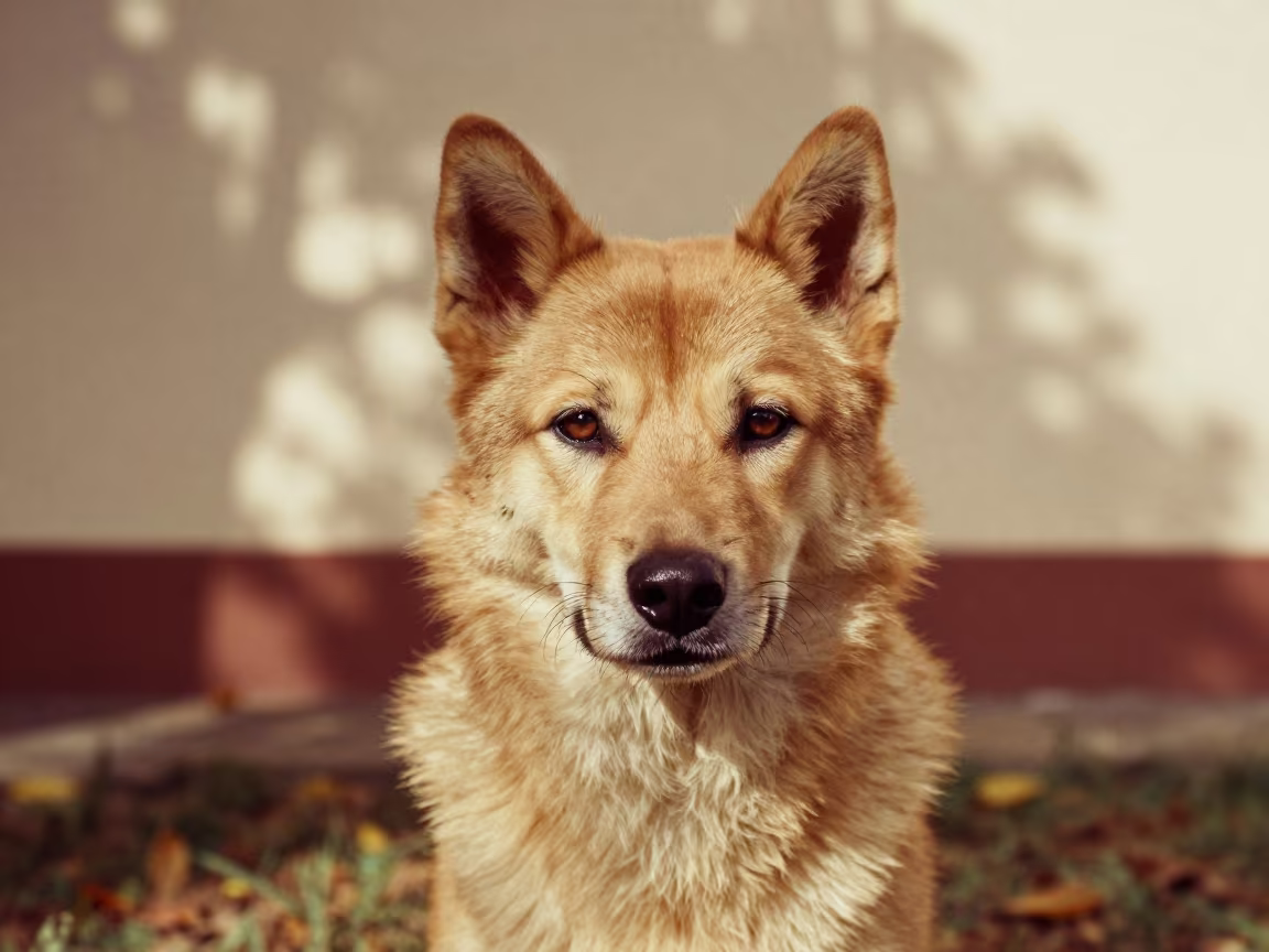 Norrbottenspets Portrait in Florianopolis Courtyard in beside a plain courtyard wall in clear daylight with the animal at eye level in Florianopolis