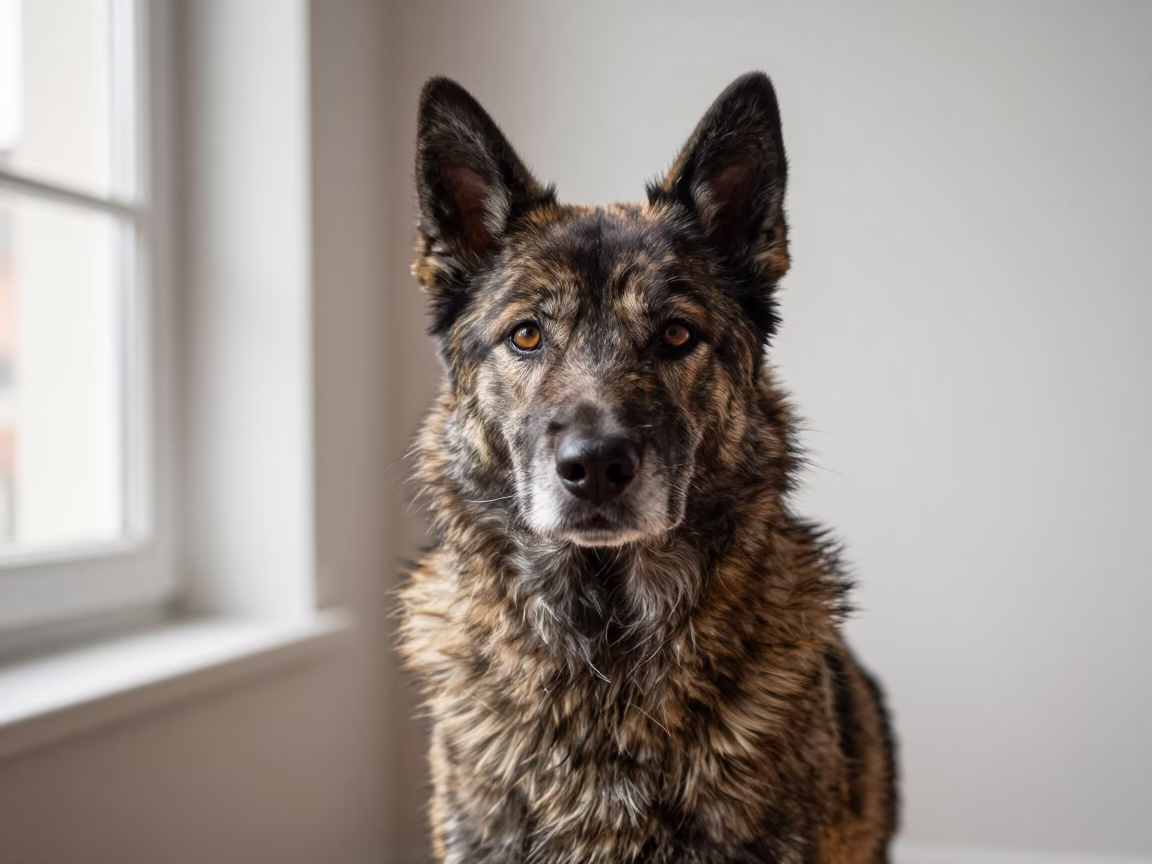 Norrbottenspets Portrait in Monaco Studio Corner in in a quiet portrait studio with a plain backdrop and eye-level framing in Monaco