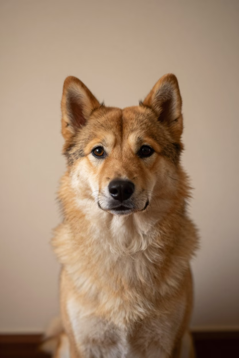 Norrbottenspets Portrait Lahore Indoor Wall in beside a plain plaster wall in soft indoor light with the animal centered in frame in Lahore