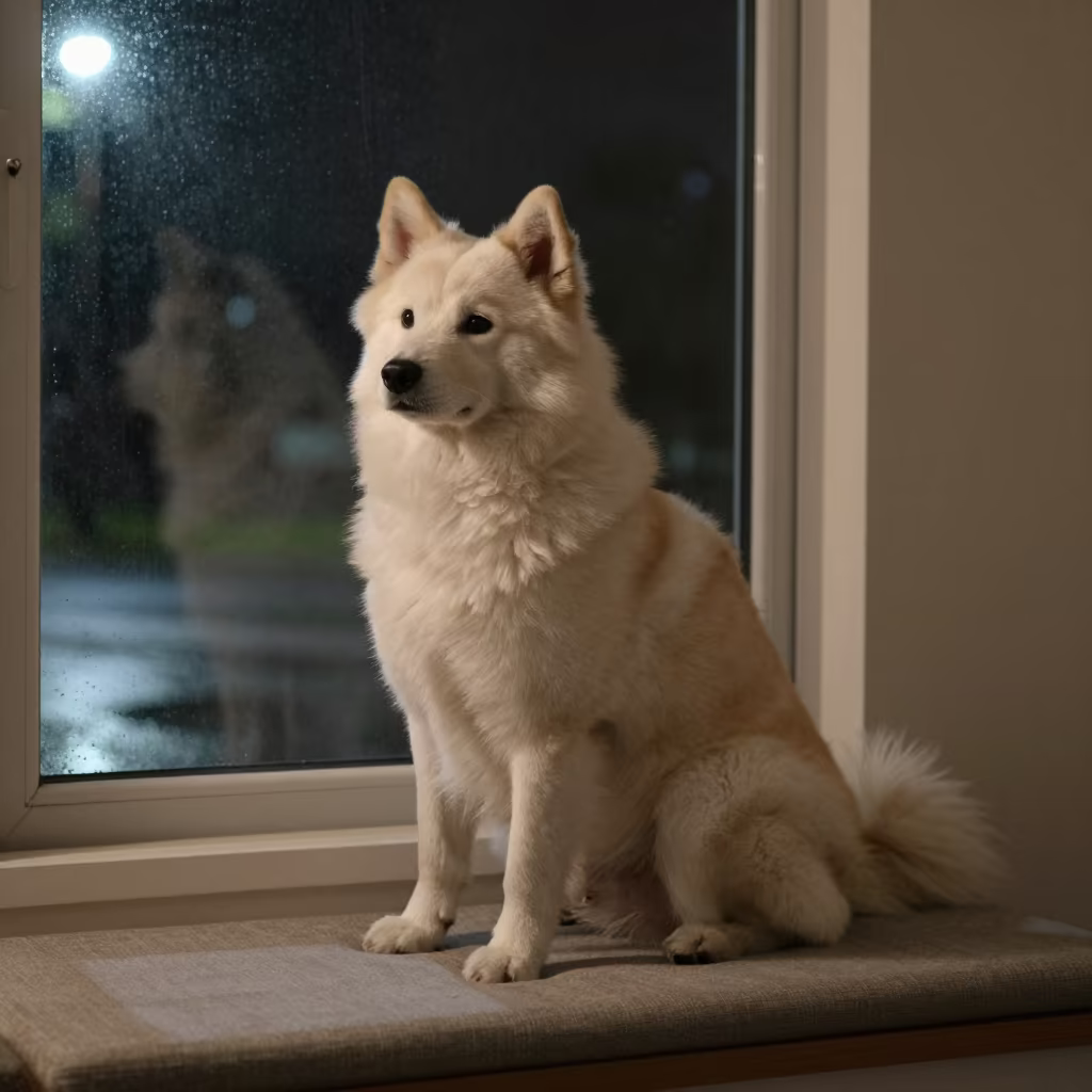 Norrbottenspets Portrait on Dakar Window Seat in on a cushioned window seat with soft side light and an uncluttered background near Ouakam, Dakar