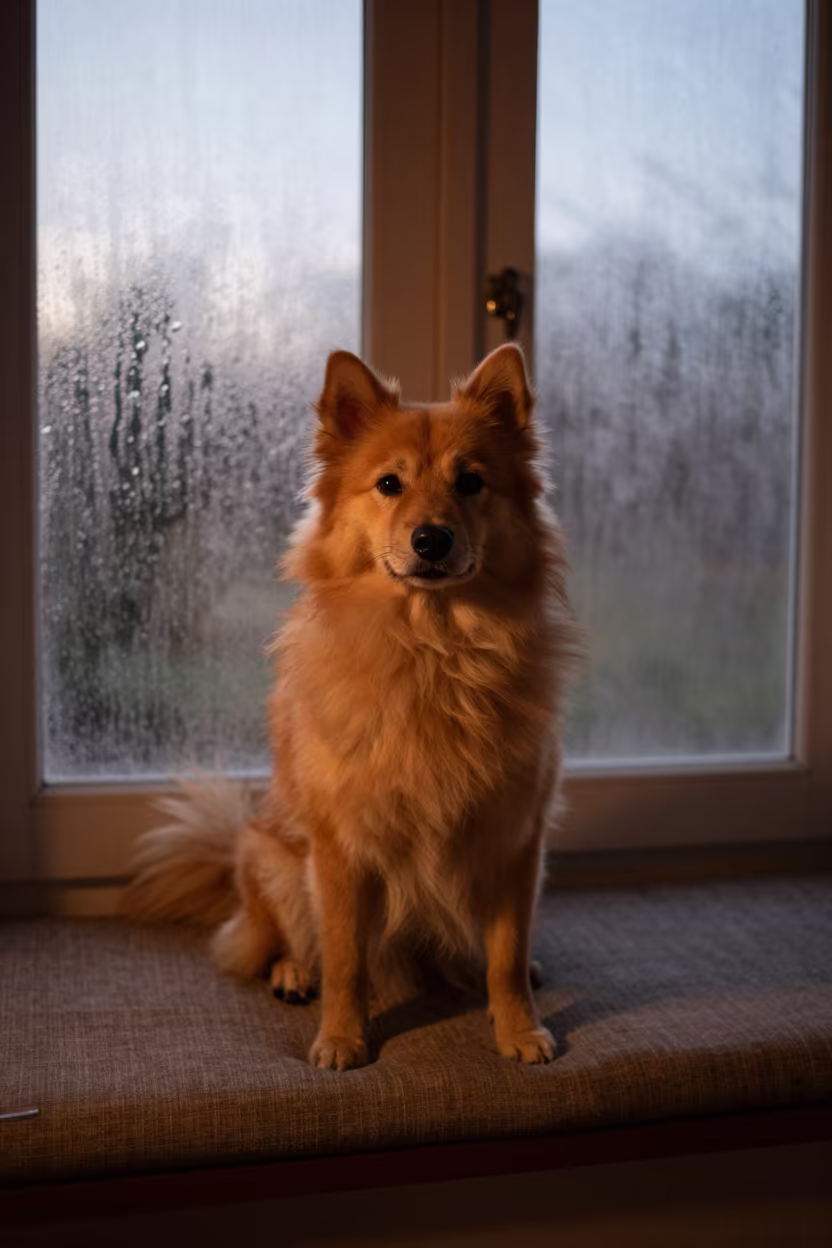 Norrbottenspets Portrait on Davao Window Seat in on a cushioned window seat with soft side light and an uncluttered background in Davao