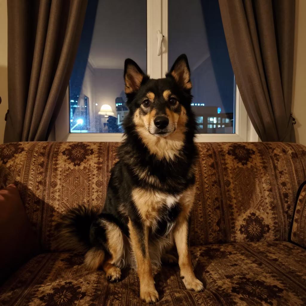 Norrbottenspets Portrait on Sofa in Ouargla in on a sofa near a curtained window with calm indoor light in Ouargla