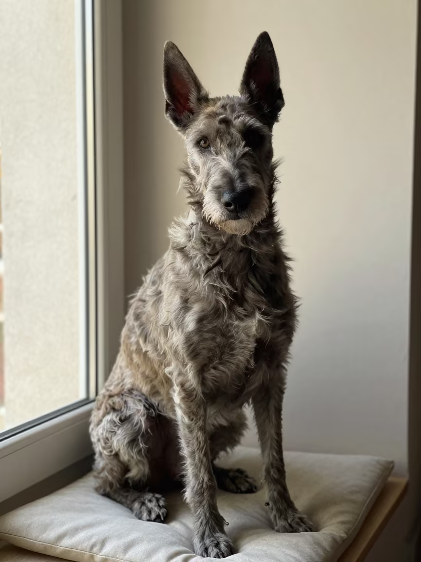 Norrbottenspets Portrait on Window Seat in Santiago in on a cushioned window seat with soft side light and an uncluttered background in Santiago