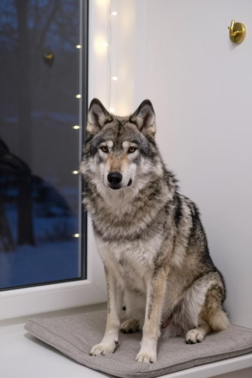 Norrbottenspets Portrait on Window Seat in Winter in on a cushioned window seat with soft side light and an uncluttered background near Denizli