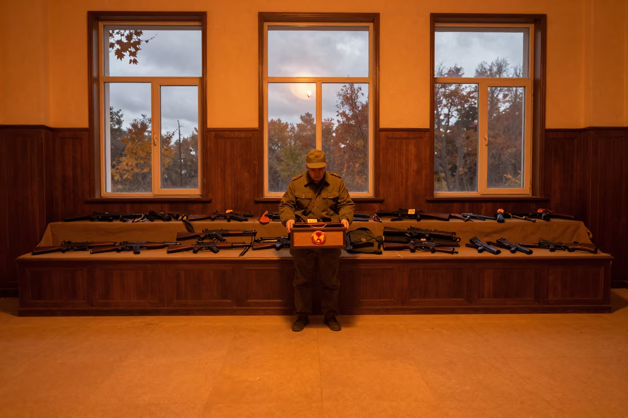 North Korean Armorer in Prayer Hall Evening in in a prayer hall in Pyongyang