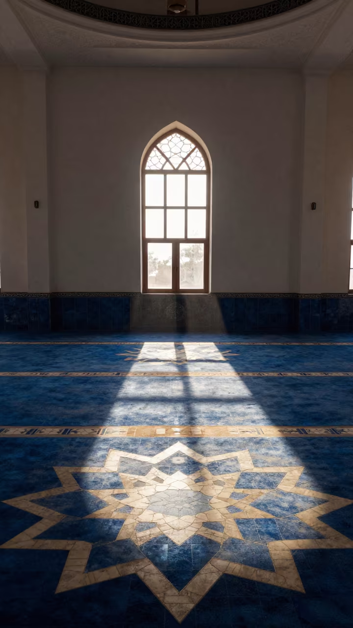 North Light on Geometric Tiles in Windhoek Mosque in in a mosque prayer hall in Windhoek