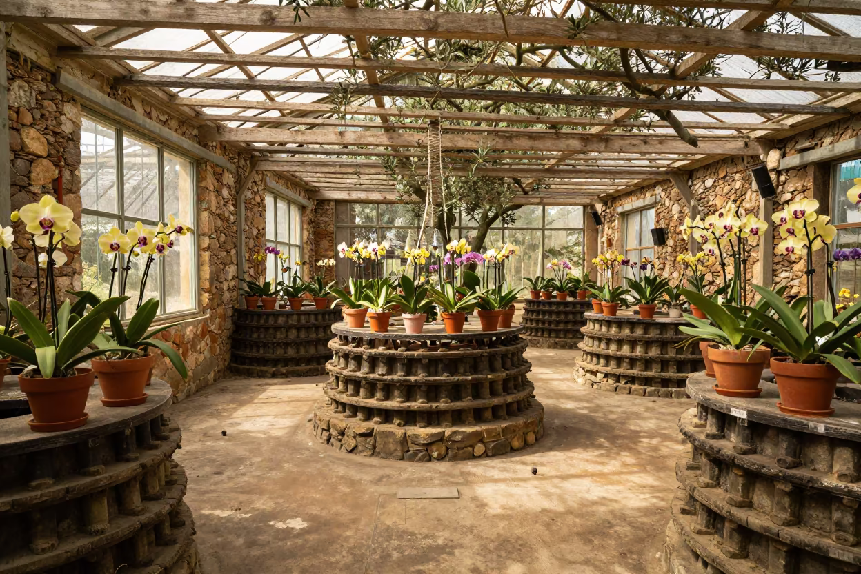 North Light Greenhouse Orchids Portugal Olive Press in inside a village olive press in Portugal