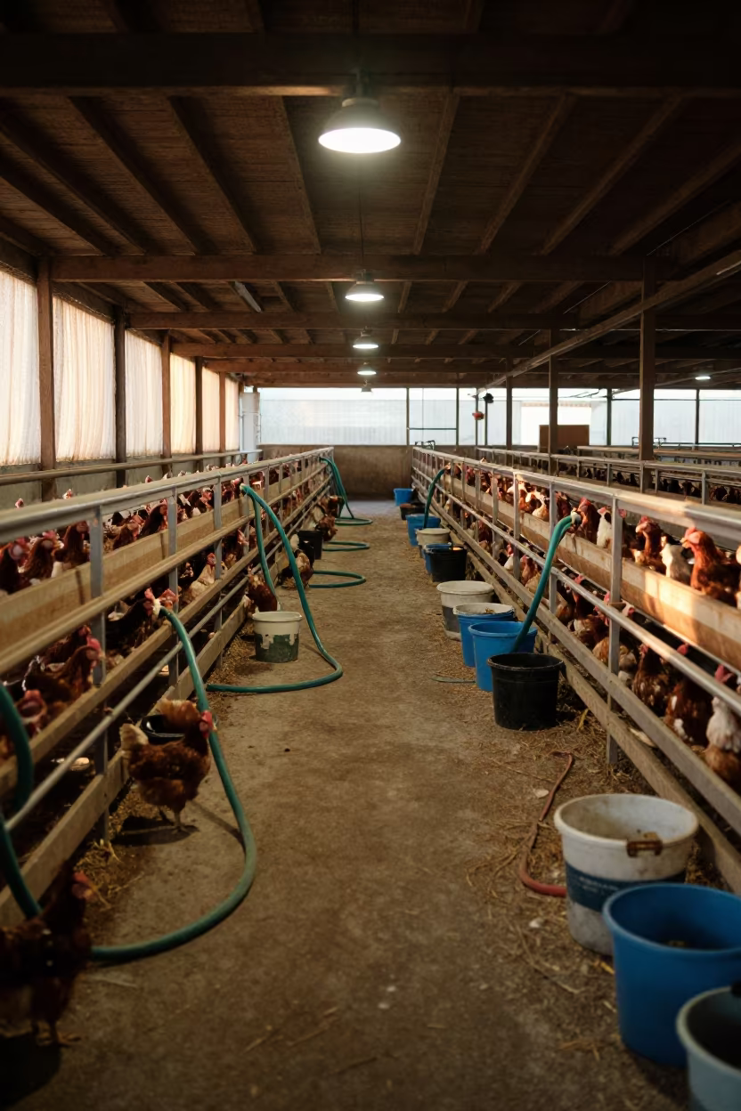 Northern Ireland Poultry House Shearing Shed Mid-Shift in in a poultry house aisle in Northern Ireland