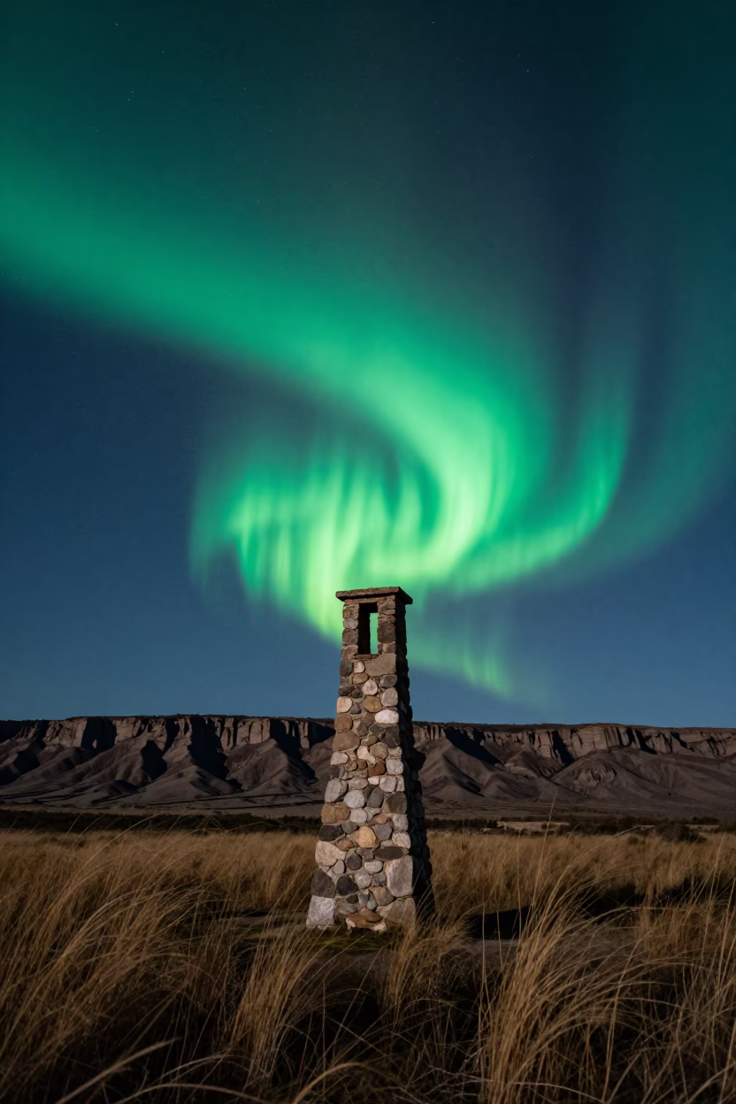 Northern Lights Over Desert Cabin Chimney Rio Grande in beneath a wind-cut desert escarpment in Rio Grande do Sul