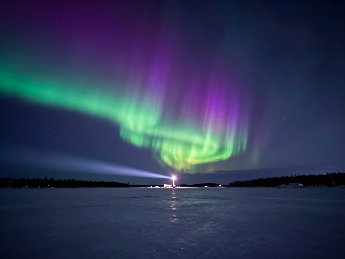 Northern Lights Over Frozen Tundra at Night in near Suomenlinna, Helsinki