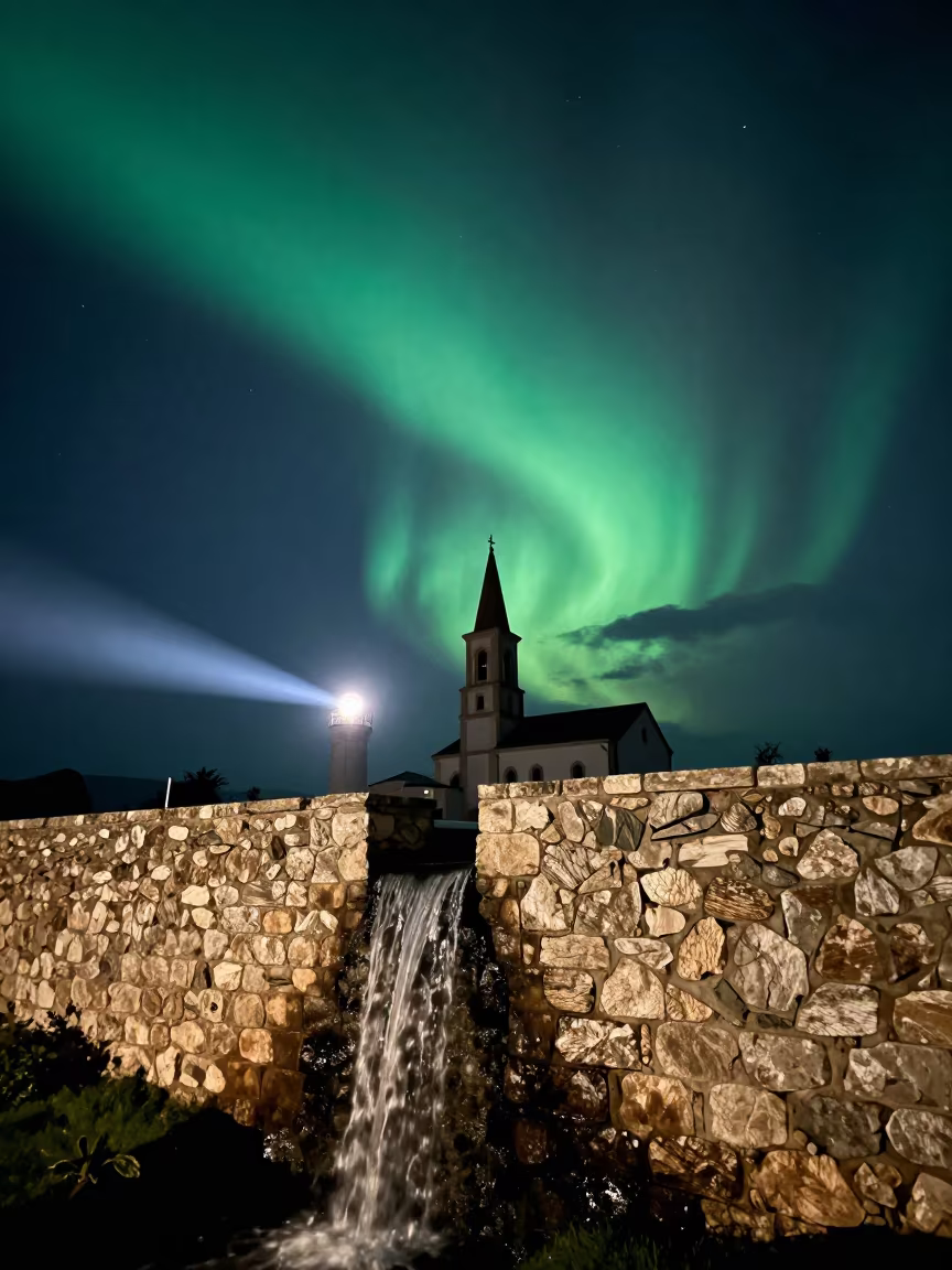 Northern Lights Green Arc Tunisia Church Steeple in beneath thin cloud gaps and stars in Tunisia