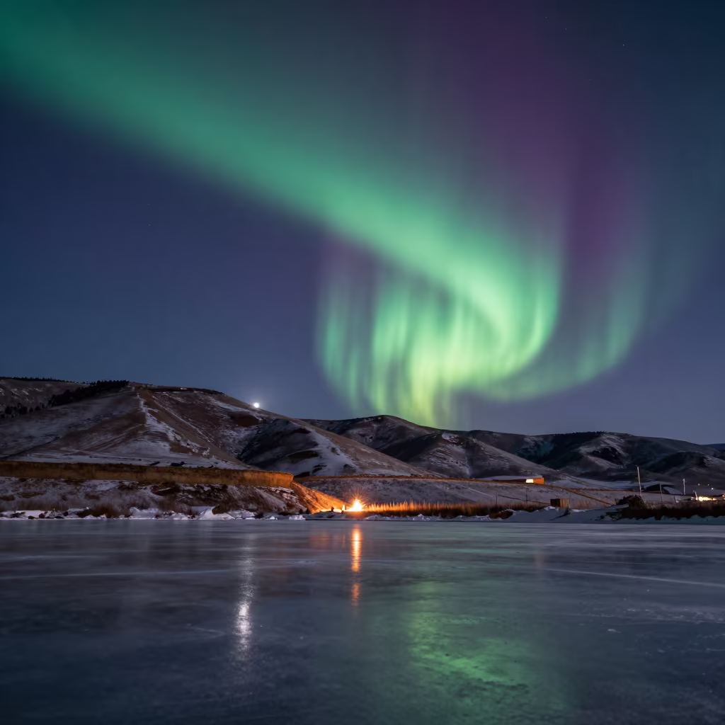 Northern Lights Green Purple Reflections Sa Pa in from a frost-hushed ridgeline near Sa Pa