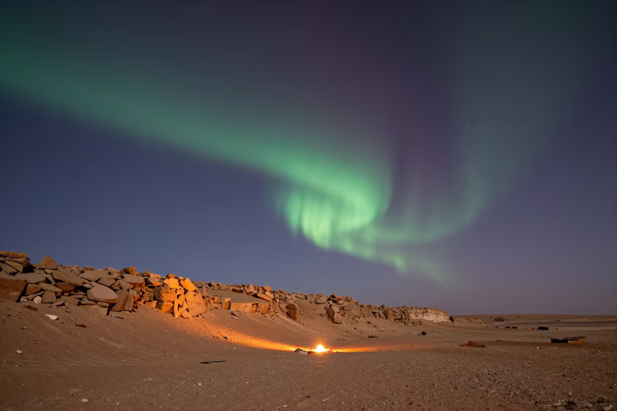 Northern Lights Over Hargeisa Desert Escarpment in beneath a wind-cut desert escarpment near Hargeisa