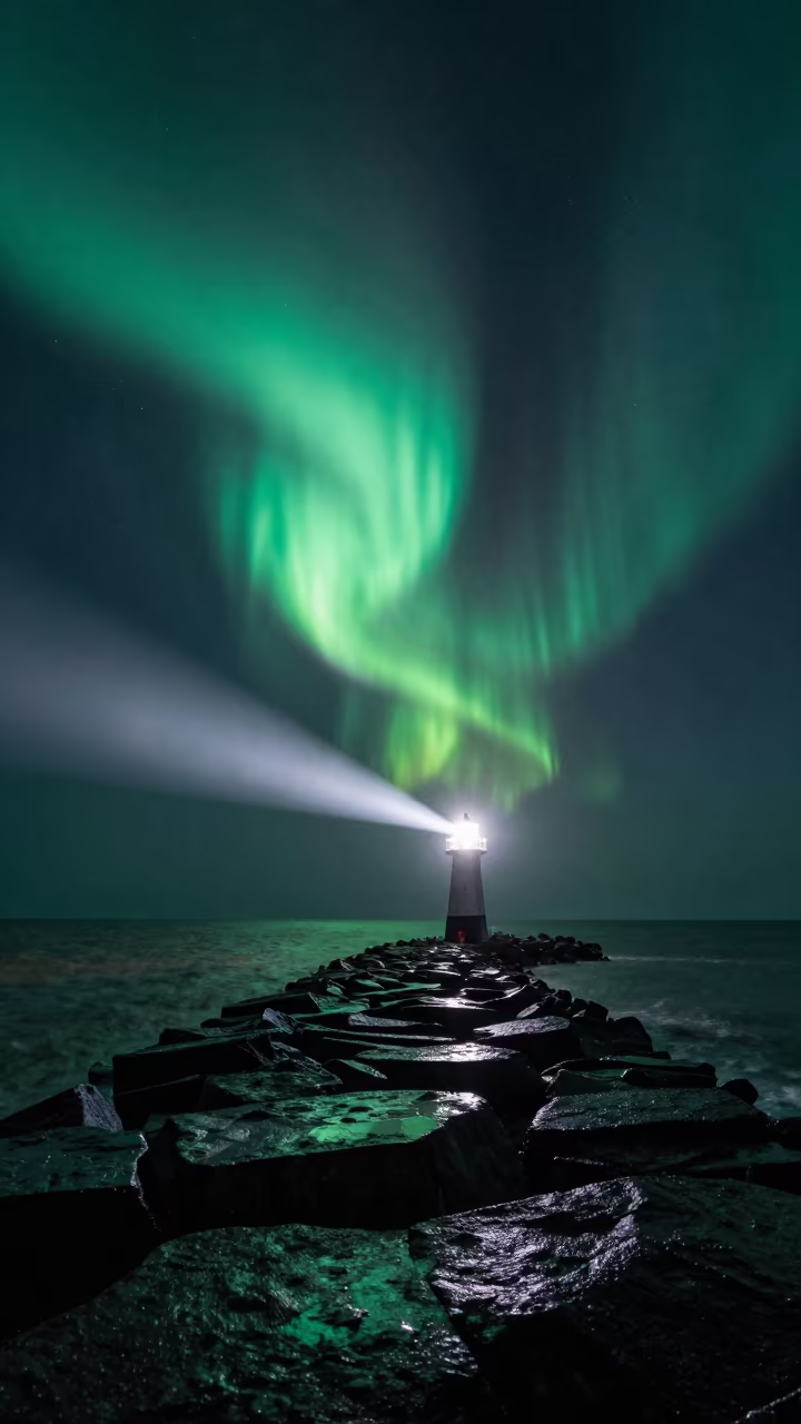 Northern Lights Over Manitoba Moonlit Breakwater in from a moonlit breakwater in Manitoba