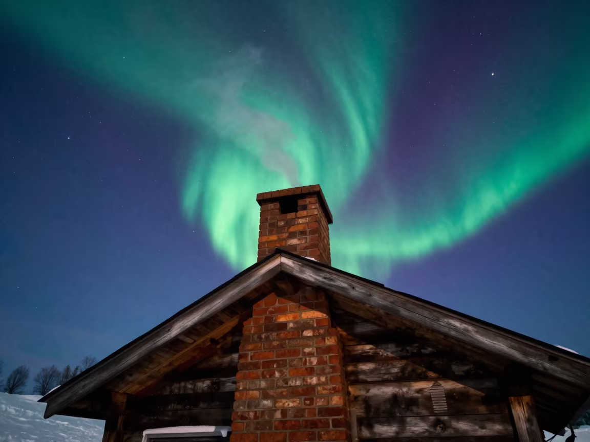 Northern Lights Glow Over Maryland Cabin Chimney in under a band of cold starlight in Maryland