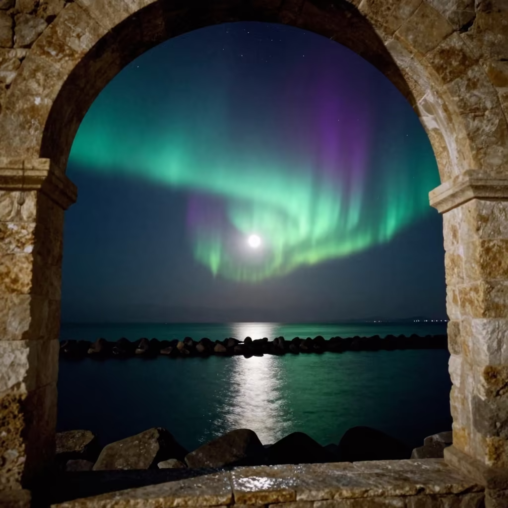 Northern Lights Over Moonlit Asyut Breakwater in from a moonlit breakwater near Asyut