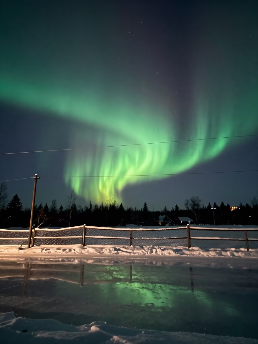 Northern Lights Over Snow Fences in Ontario Winter Night in in Ontario
