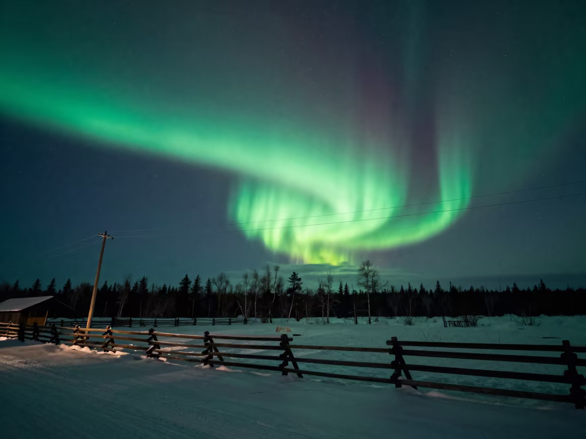 Northern Lights Over Siberian Wires at Night in beneath thin cloud gaps and stars in Siberia