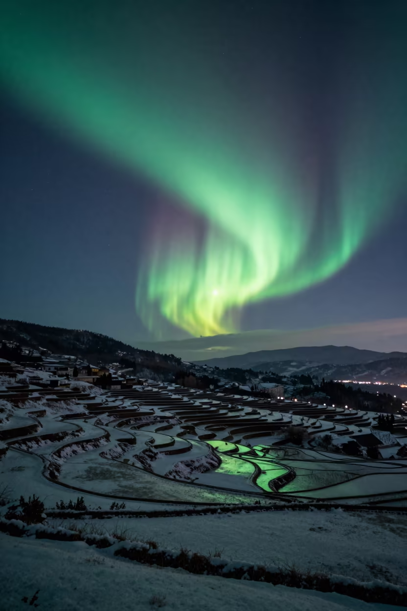 Northern Lights Over Winter Rice Paddy in from a quiet alpine saddle near Havana