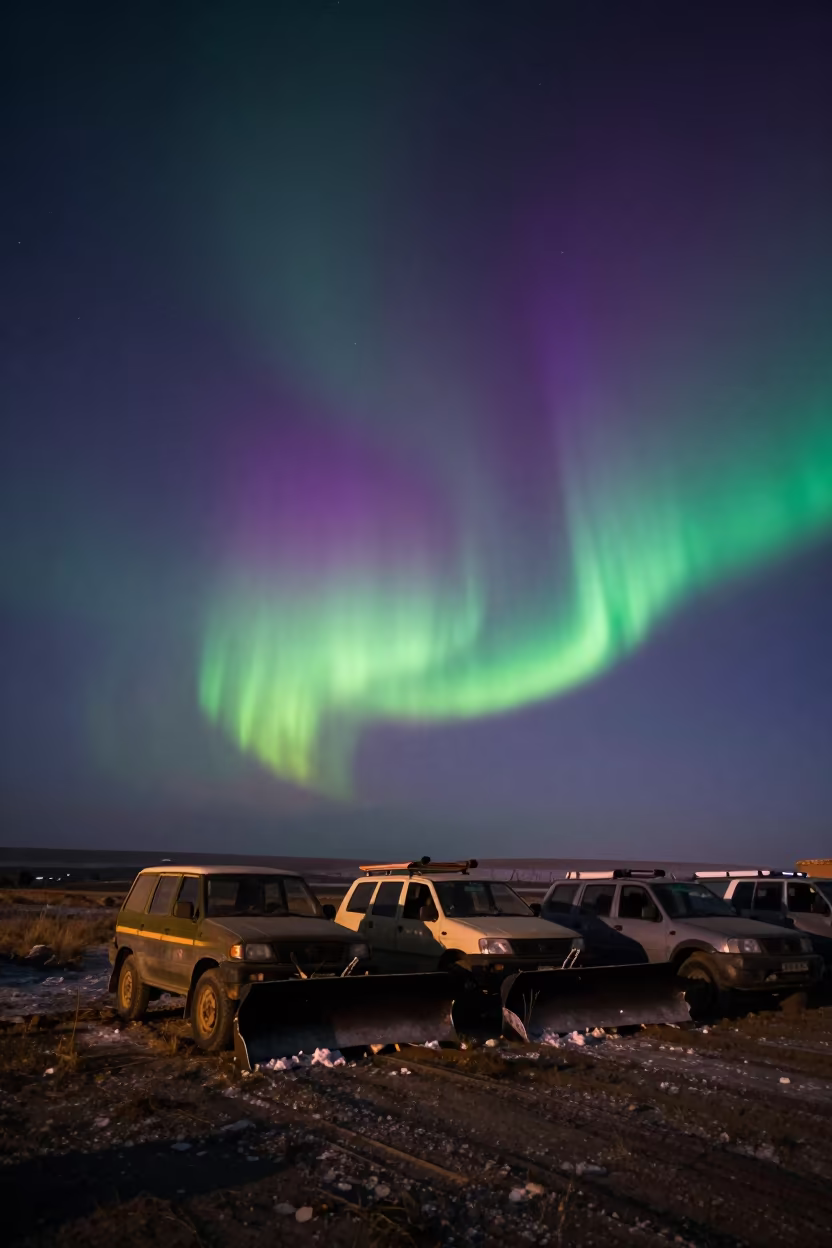 Northern Lights Over Parked Snowplows Near Mekelle in near Mekelle